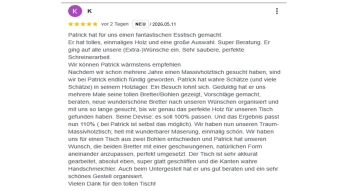 Kundenreferenz zu Tisch Unikat Ahorn aus zwei Stücken von Patrick Herrmann Tische & Theken Unikate aus Stuttgart