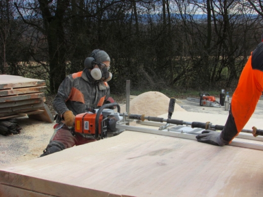 Mobilsäge-BW in action on a European beech log for Monolith table blanks from Stuttgart
