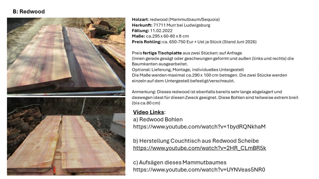 Mammutbaum Holz für Gartentisch